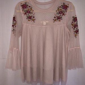 Pink Embroidered Bell Sleeved Top